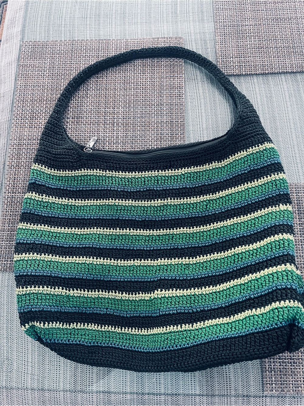 The Sak Striped Woven Hobo Bag in Black and Green Tones